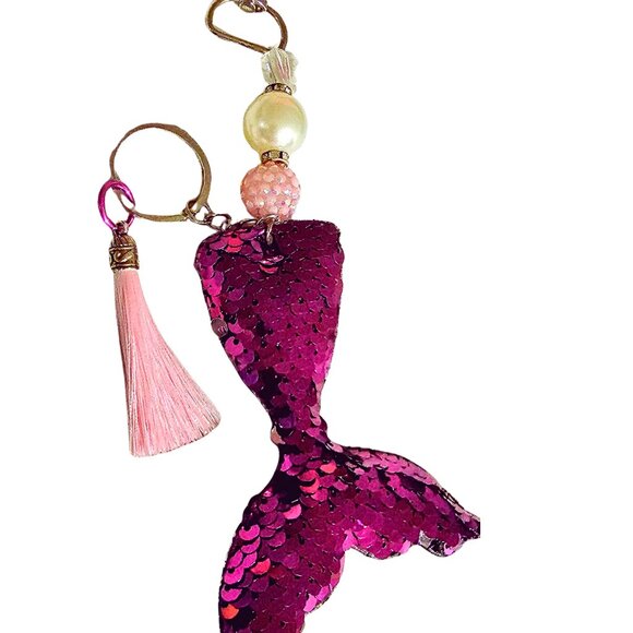 Mermaid Tail Sequin Keychain Pink Silk Tassel Bead Ocean Backpack Purse BagCharm - Picture 1 of 1
